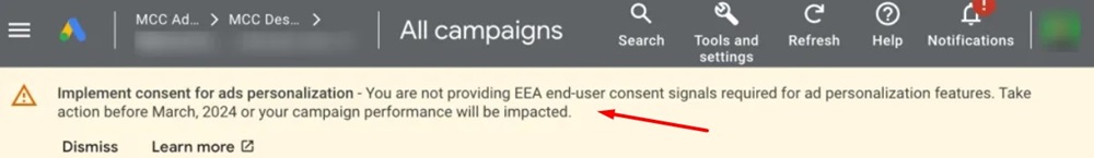 Google popup: Implement consent for ads personalization
