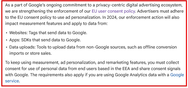 Google Tag Manager Help: Updates to consent mode for traffic in EEA page excerpt