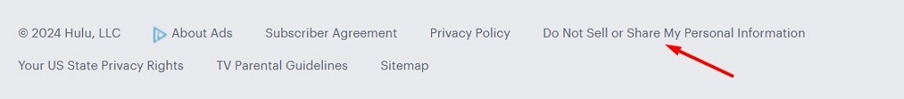 Hulu website footer with Do Not Sell or Share Personal Information link highlighted