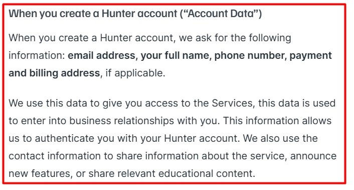 Hunter Privacy Policy: How we use information clause excerpt