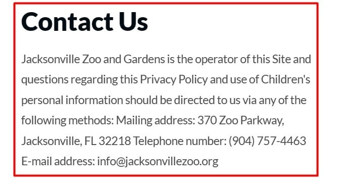 Jacksonville Zoo Privacy Policy: Contact Us clause
