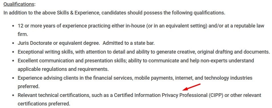 Job listing with CIPP Certificate highlighted - 2