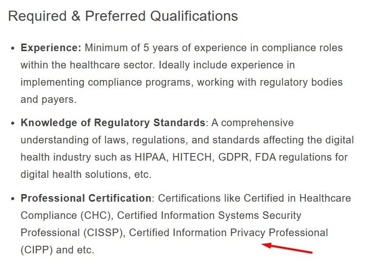 Job listing with CIPP Certificate highlighted