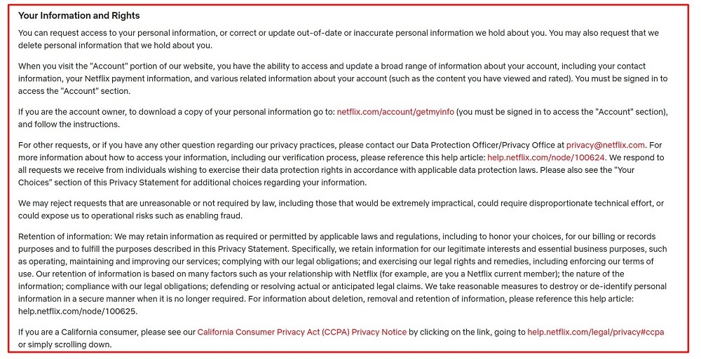 Netflix Privacy Statement: Your information and rights clause