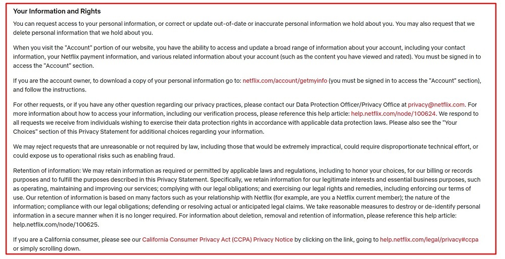 Netflix Privacy Statement: Your information and rights clause