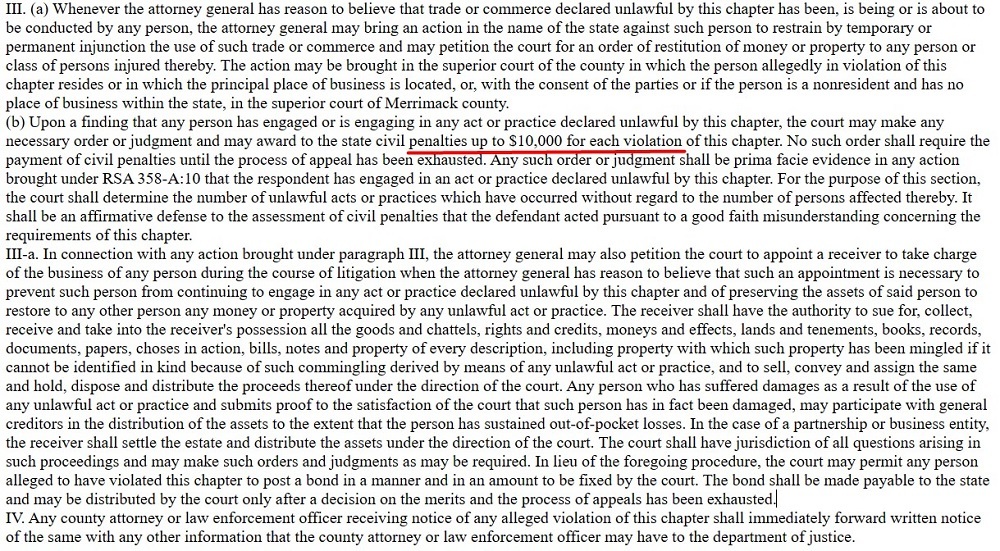 New Hampshire Regulation of Business Practices for Consumer Protection - Section 358 A 4 - Penalties and violations