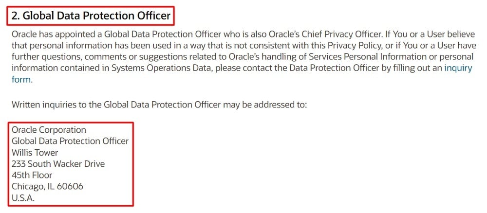 Oracle Privacy Policy: Global Data Protection Officer clause