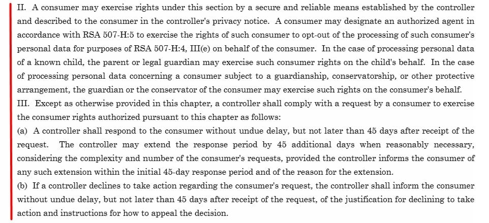 SB 255 Section 507 H 4: Consumer rights and response process