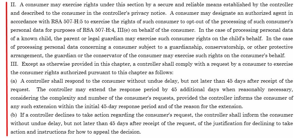 SB 255 Section 507 H 4: Consumer rights and response process