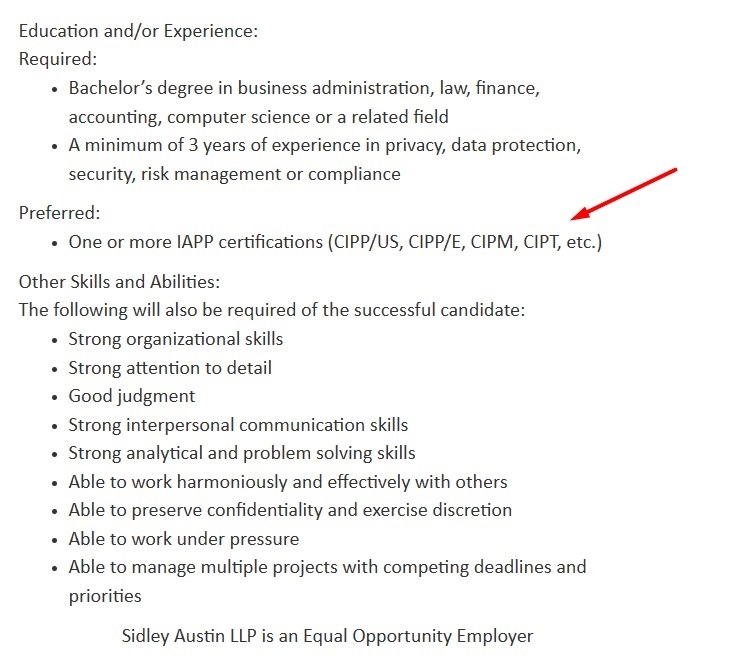 Sidley Austin job listing with IAPP certifications highlighted