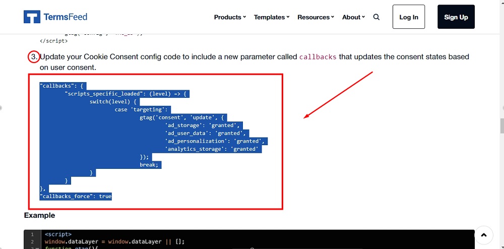 TermsFeed Free Cookie Consent: Step 3: Cookie Consent config code with callbacks parameter