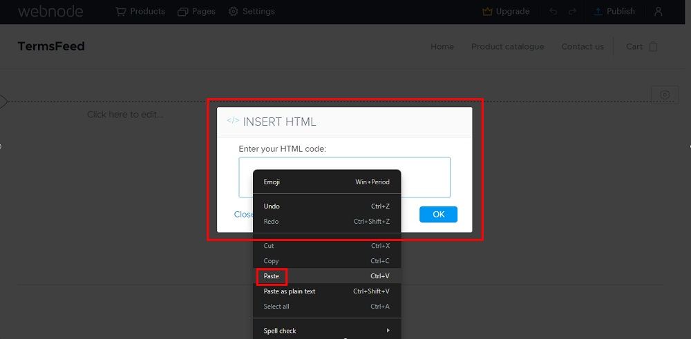 TermsFeed Webnode: Edit - Add content - HTML - insert - paste