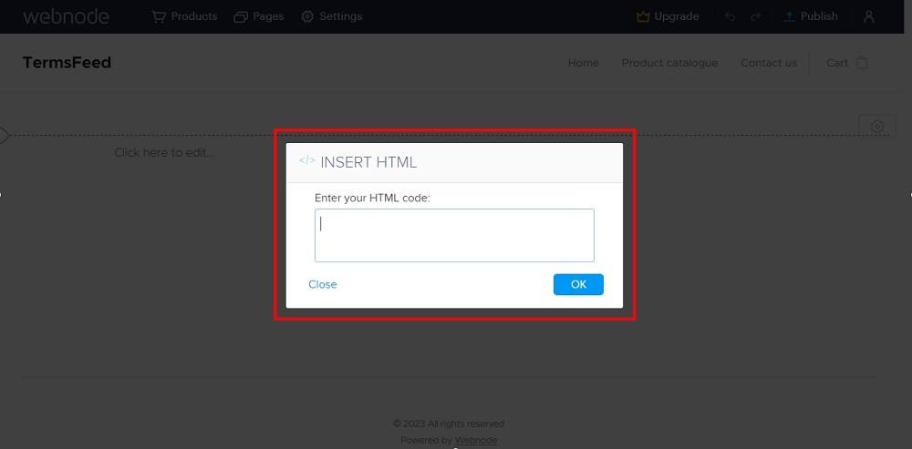 TermsFeed Webnode: Edit - Add content - HTML - insert