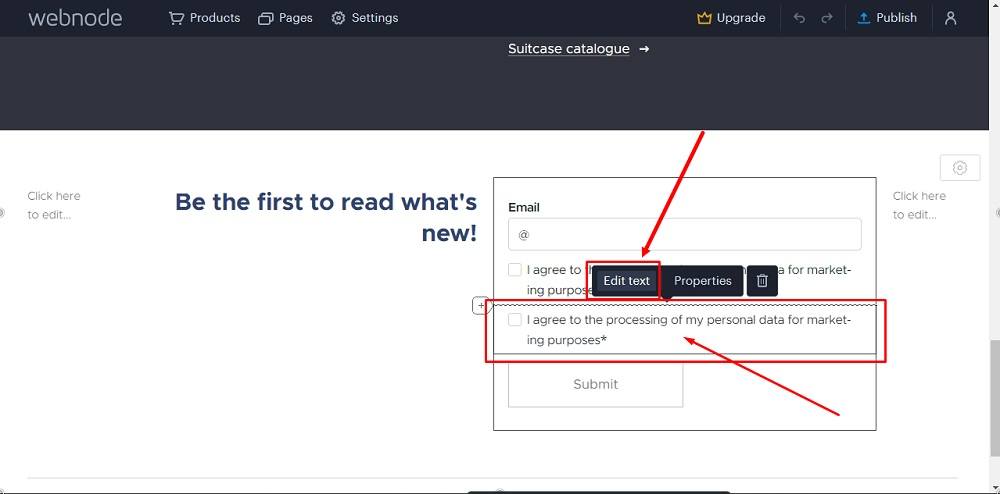 TermsFeed Webnode: Added Newsletter Registration - Add a new form field - Data Consent - Edit Text