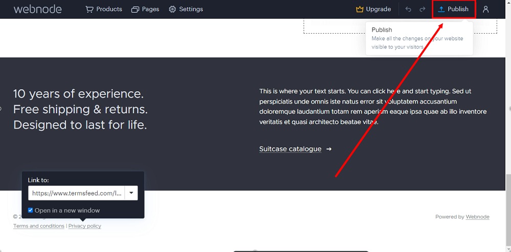 TermsFeed Webnode: Edit site - Footer - Publish