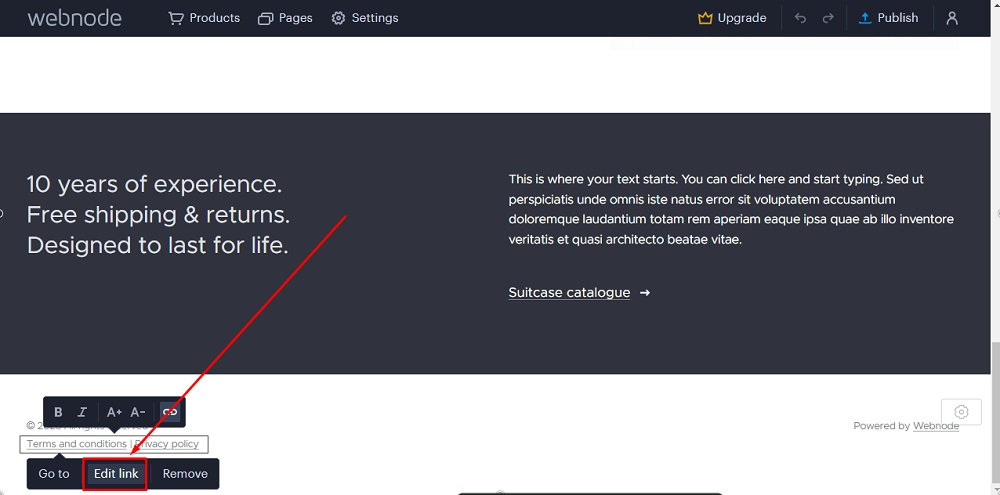 TermsFeed Webnode: Edit site - Footer - Terms and Conditions - Edit link