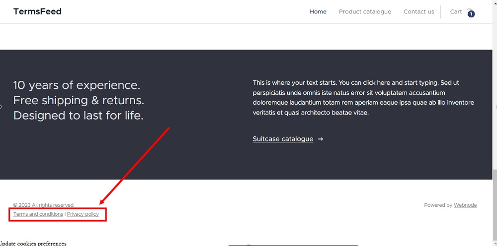 TermsFeed Webnode: Edit site - Footer - Terms and Privacy links displayed