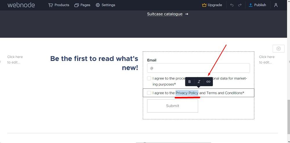 TermsFeed Webnode: Newsletter Registration - form field - Data Consent - Edit Text - Select Privacy Policy and go to the Link icon