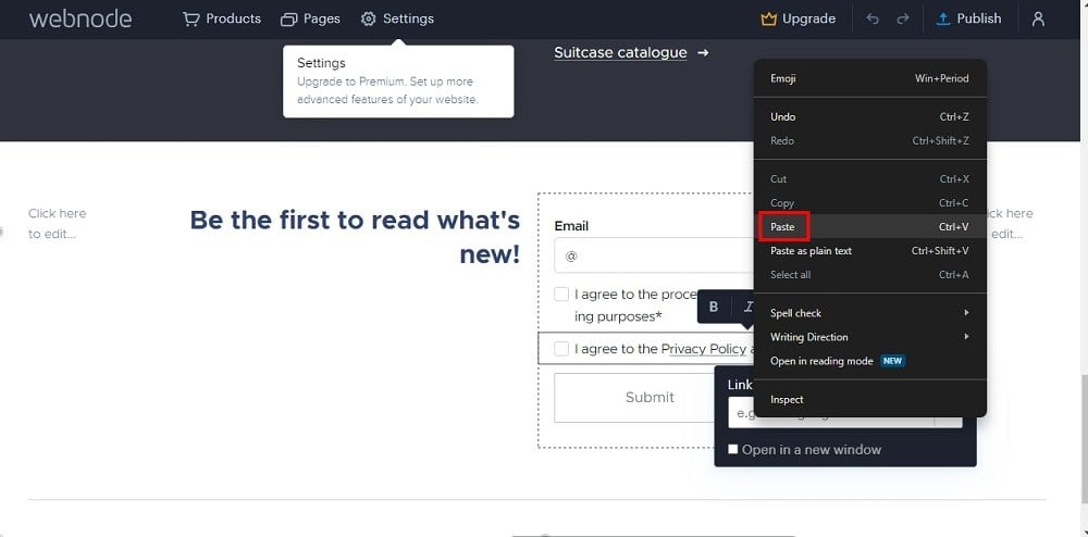 TermsFeed Webnode: Newsletter Registration - form field - Data Consent - Edit Text - Select Terms and Conditions and go to the Link - paste