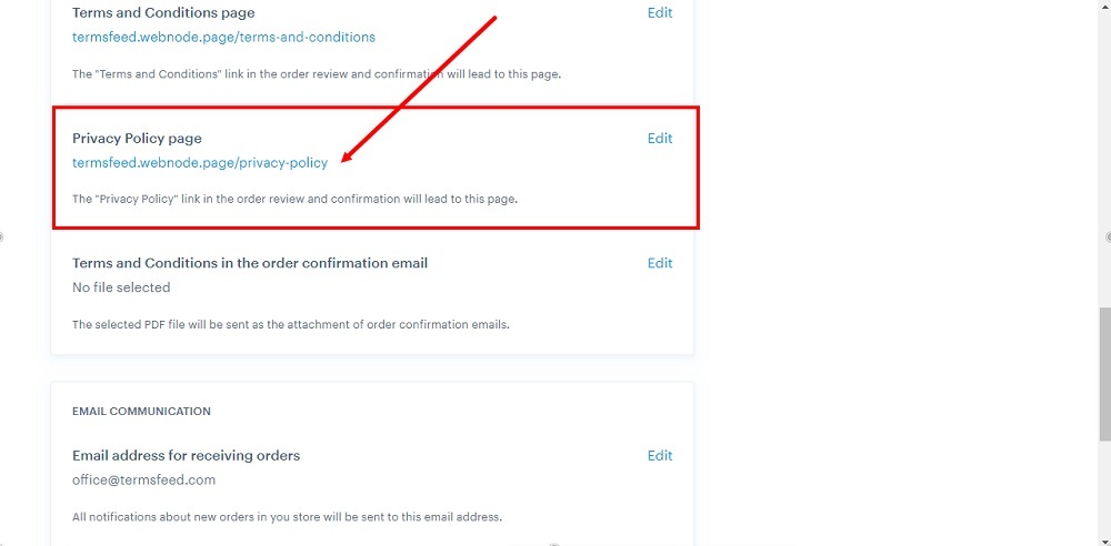 TermsFeed Webnode: General settings - Privacy Policy page - Added