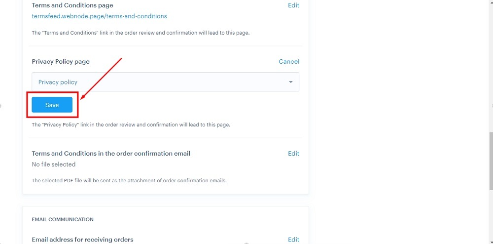 TermsFeed Webnode: General settings - Privacy Policy page - Edit - Select - Save