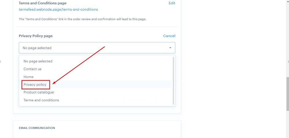 TermsFeed Webnode: General settings - Privacy Policy page - Edit - Select