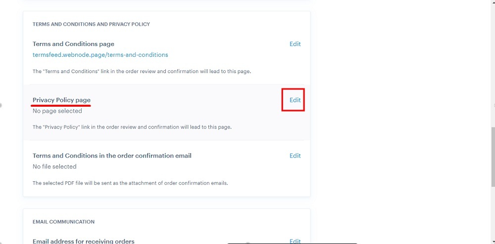 TermsFeed Webnode: General settings - Privacy Policy page - Edit