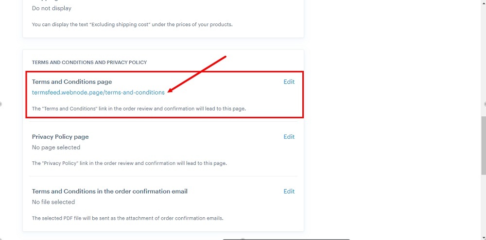 TermsFeed Webnode: General settings - Terms and Conditions page - added