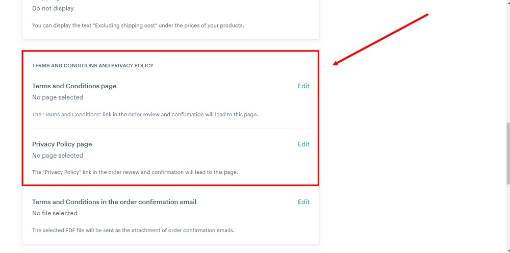 TermsFeed Webnode: General settings - Terms and Privacy section highlighted