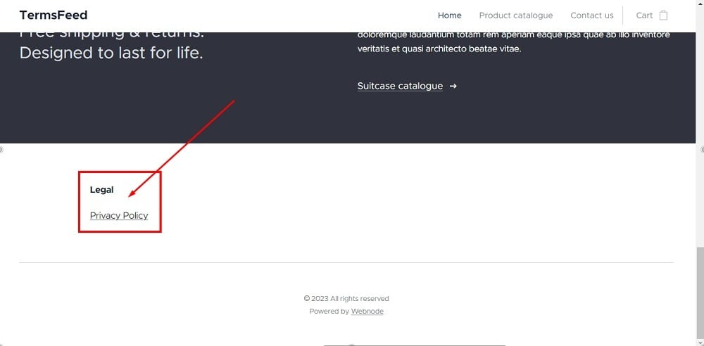TermsFeed Webnode: homepage footer - Added new section - Legal - Privacy Policy page linked - displayed