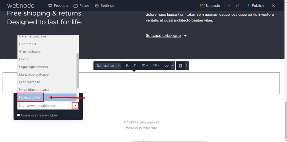 TermsFeed Webnode: homepage footer - Edit blank section into Legal heading a Privacy Policy paragraph - Select