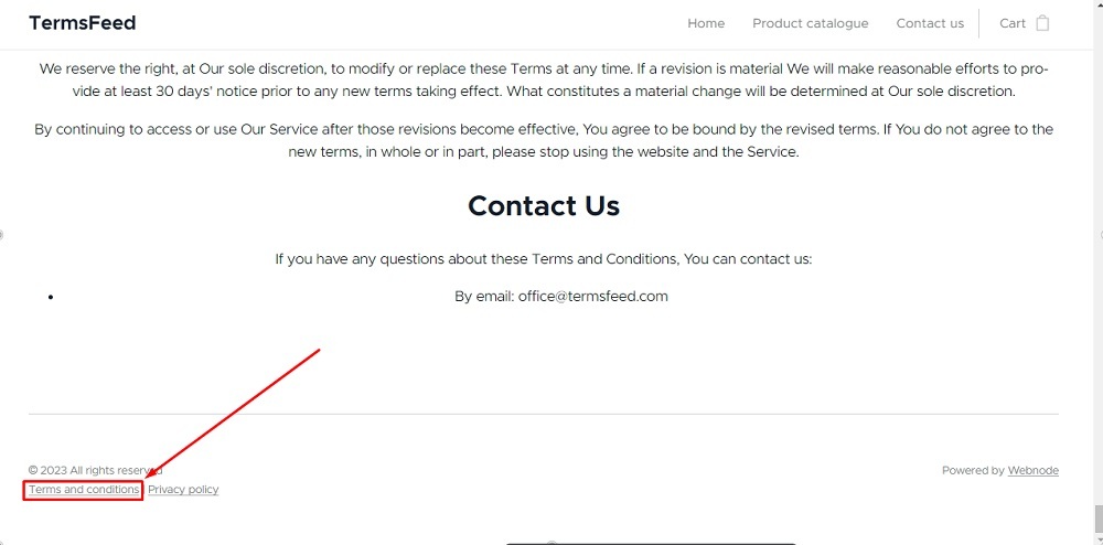 TermsFeed Webnode: Page footer - Published Terms and Conditions in the footer displayed