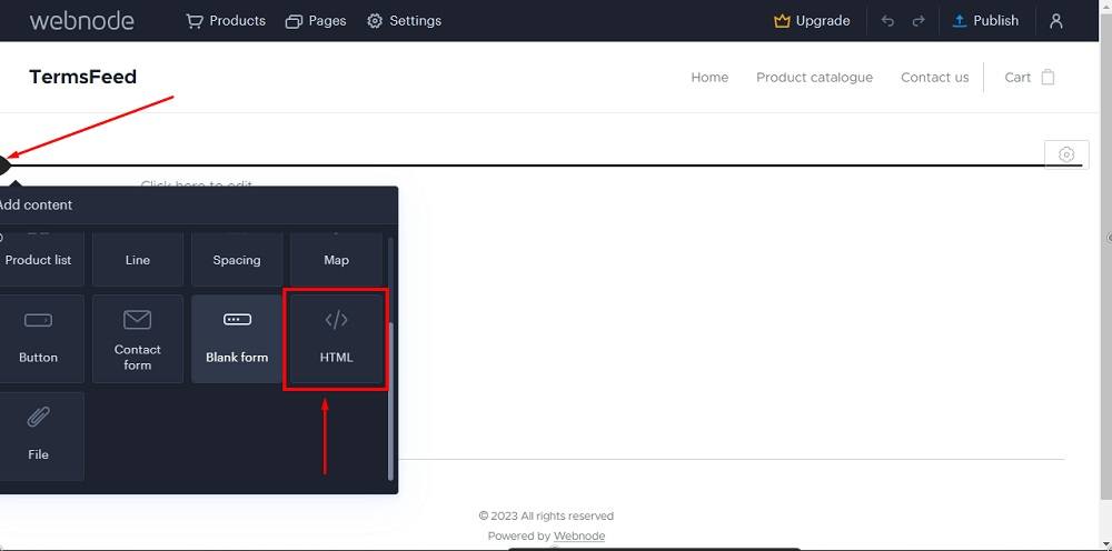 TermsFeed Webnode: Pages - Edit - Add content - HTML