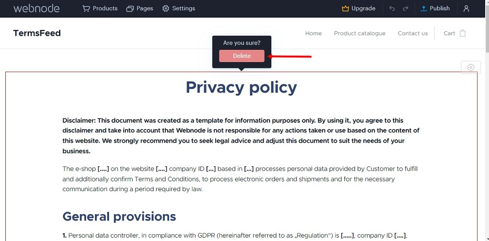 TermsFeed Webnode: Pages - Privacy Policy - Edit - delete - confirm