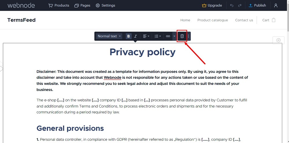 TermsFeed Webnode: Pages - Privacy Policy - Edit - delete