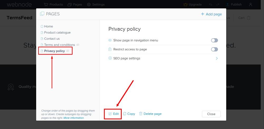 TermsFeed Webnode: Pages - Privacy Policy - Edit