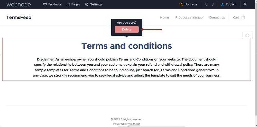 TermsFeed Webnode: Pages - Terms and Conditions - Edit - delete - confirm