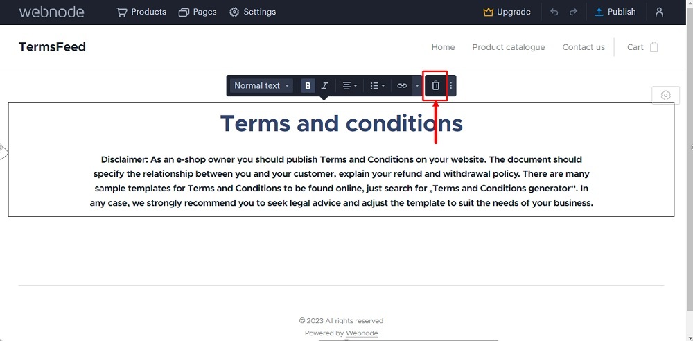 TermsFeed Webnode: Pages - Terms and Conditions - Edit - delete