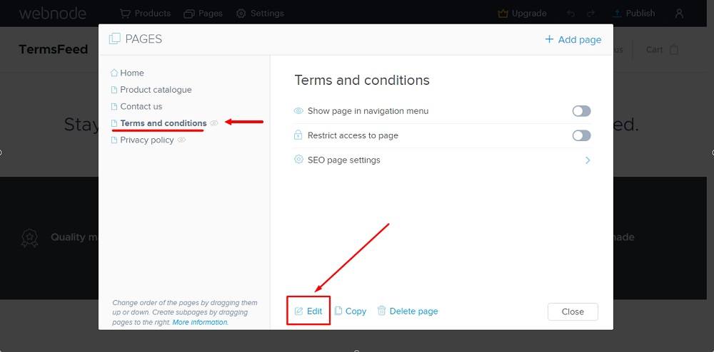 TermsFeed Webnode: Pages - Terms and Conditions - Edit