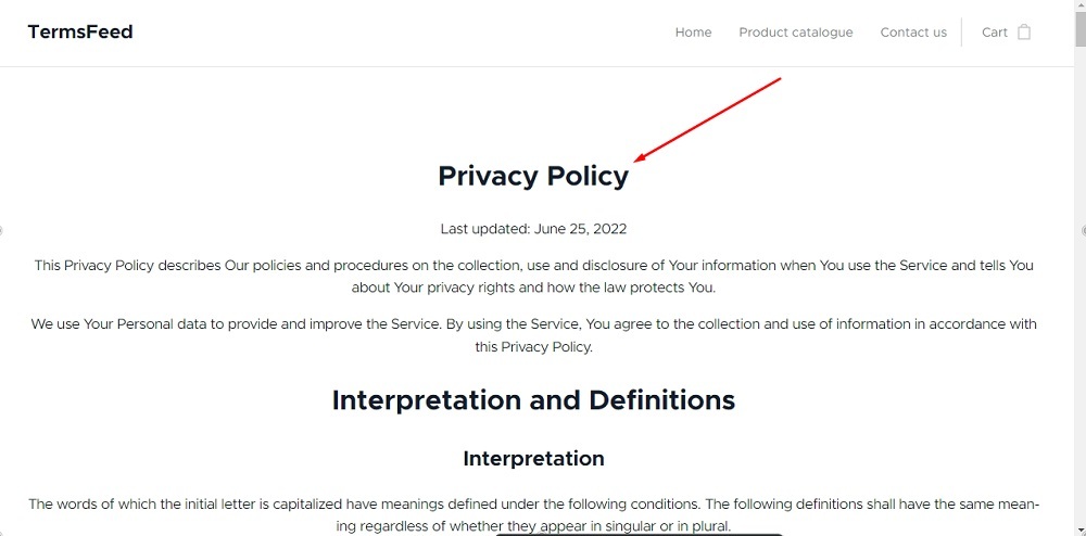 TermsFeed Webnode: Privacy Policy page displayed
