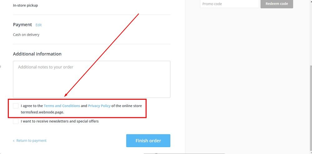 TermsFeed Webnode: Published - Product Cart Checkout steps - The I Agree checkbox for Privacy and Terms is displayed before the Finish payment button