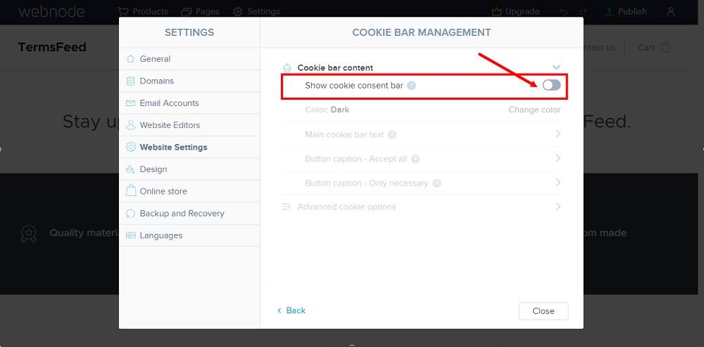 TermsFeed Webnode: Settings - Website Settings - Cookie bar management - Toggle Show Cookie bar