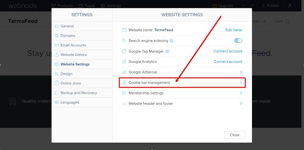 TermsFeed Webnode: Settings - Website Settings - Cookie bar management