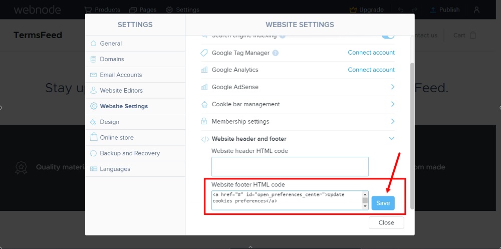 TermsFeed Webnode: Settings - Website Settings - Website footer HTML - pasted - Save