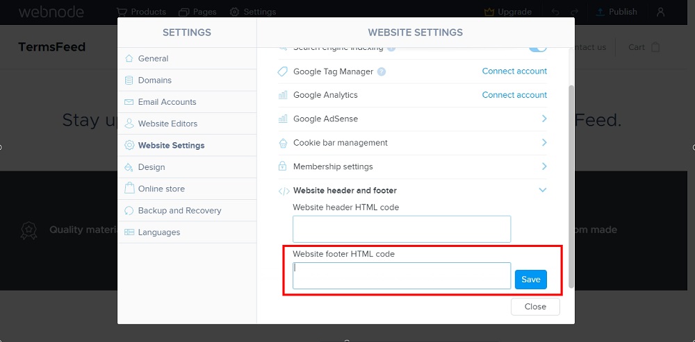 TermsFeed Webnode: Settings - Website Settings - Website footer HTML