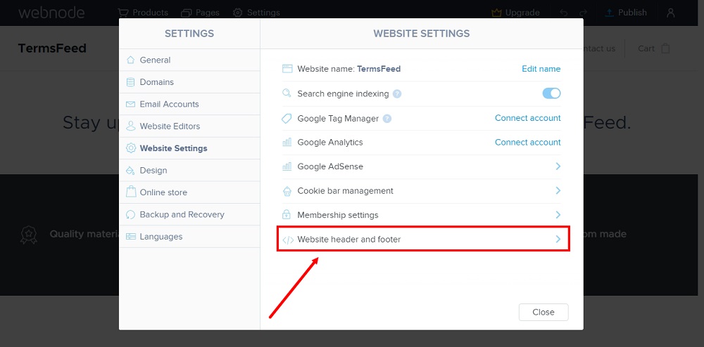 TermsFeed Webnode: Settings - Website Settings - Website header and footer