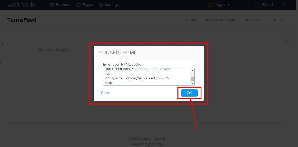 TermsFeed Webnode: Terms and Conditions - Edit - Add content - HTML - insert - pasted - OK