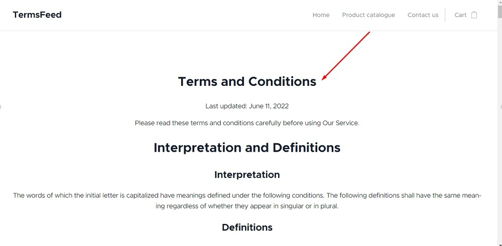 TermsFeed Webnode: Terms and Conditions page displayed