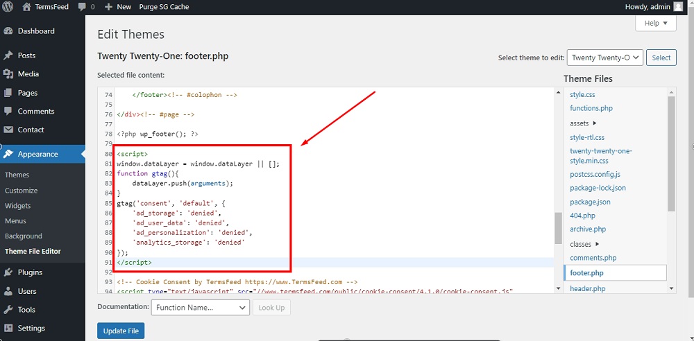 TermsFeed WordPres footer.php: Step 1: Paste gtag function with denied default states