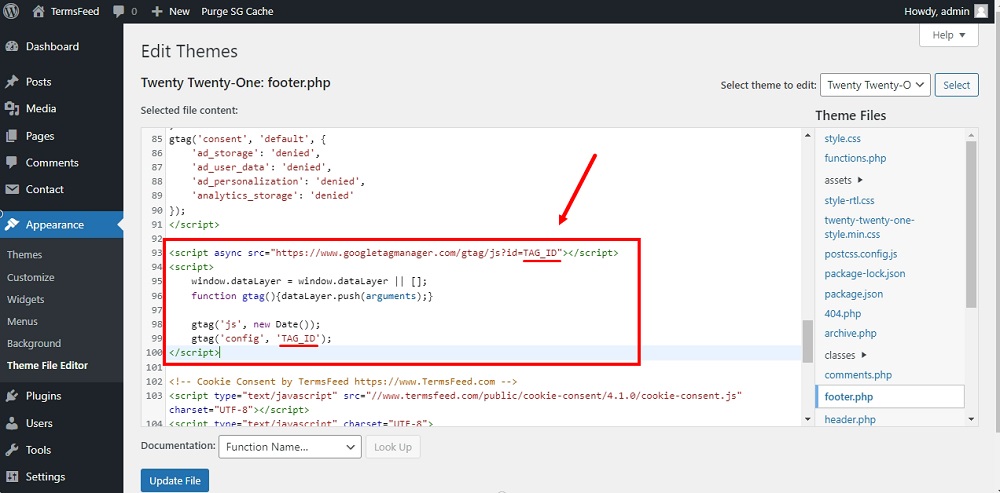 TermsFeed WordPress footer.php: Step 2: Paste Google Analytics or Tag Manager code